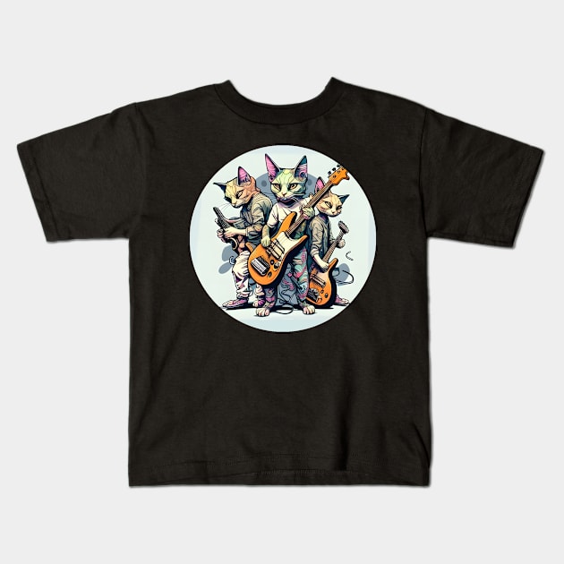 Funny Happy Rock Cat Playing Guitar Guitarist - Love Cats Kids T-Shirt by William Edward Husband